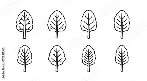 Eight stylized leaf silhouettes with vein details in a grid pattern silhouette