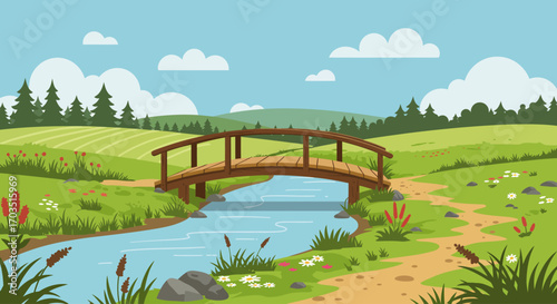 Idyllic Green Countryside Landscape with Wooden Bridge Over River and Winding Path Illustration
