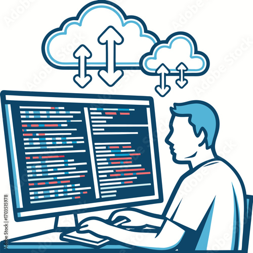 Caucasian programmer works typing on keyboard looking at code lines displayed on computer screen