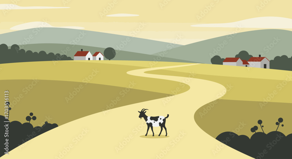 Fototapeta premium Goat on a Country Road Rural Landscape with Houses and Rolling Hills
