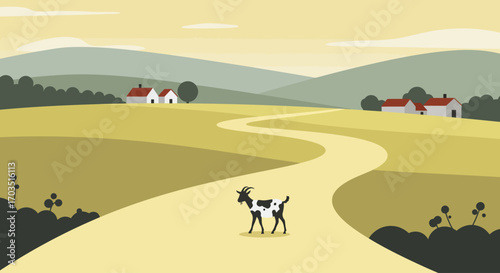 Goat on a Country Road Rural Landscape with Houses and Rolling Hills