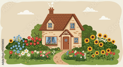 Idyllic country cottage with a lush flower garden and stone pathway