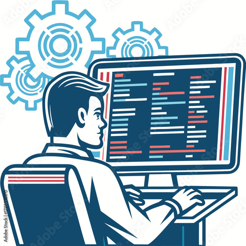 Man coding at computer with rotating gears in background is diligently programming