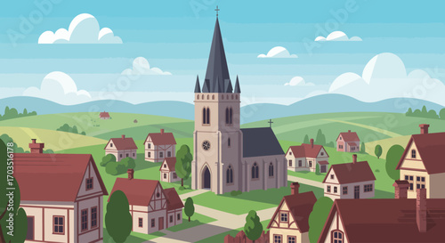 Scenic rural village landscape with a church and houses on green hills