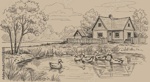 Duck pond sketch with house and trees, tranquil rural scene