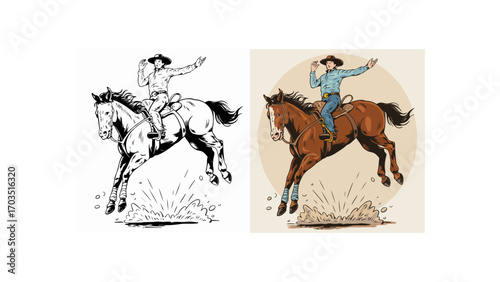 Ranch cowboy riding bronco horse at rodeo festival, vintage western drawing