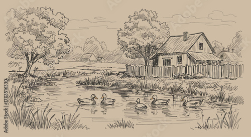 Hand-drawn pencil sketch of a rustic farmhouse landscape with ducks on a pond