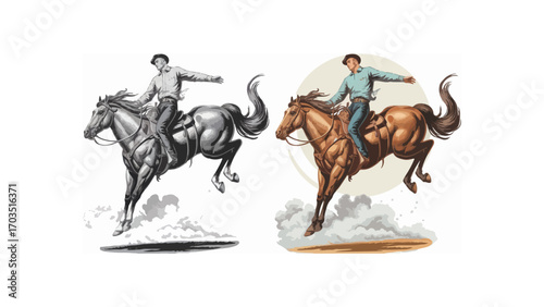 Western cowboy holding tight on bucking bronco horse, rodeo dust scene