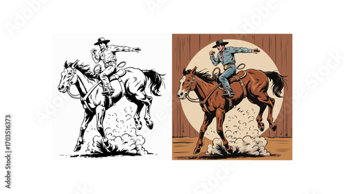 Frontier cowboy riding rodeo horse with energy and dust, vector artwork