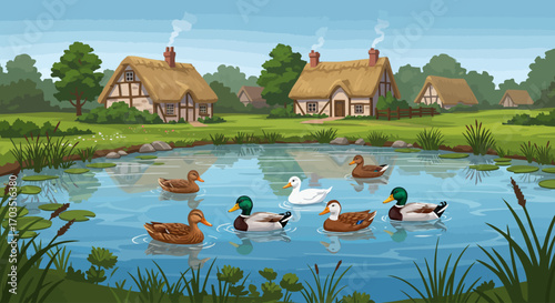 Idyllic rural landscape illustration with ducks on a tranquil village pond