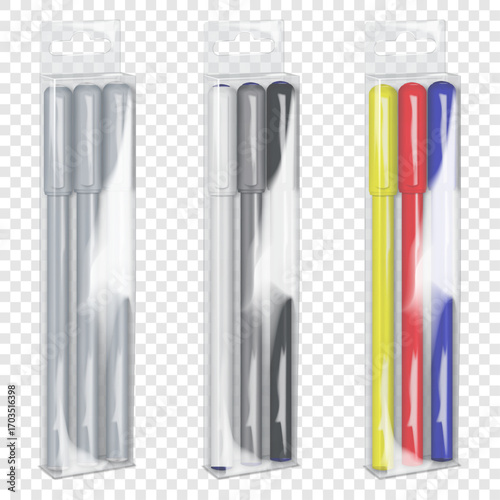 Pen set packed in clear plastic box with tuck-in flap and euro hole tab. White, black, gray, color. Easy to edit. Realistic vector mockup. Three felt-tip pens with caps pack. 3d mock-up. Template