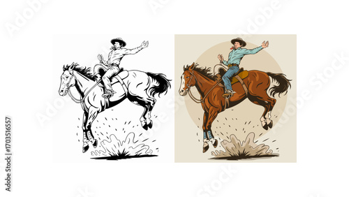 Wild west cowboy riding bucking bronco horse, vintage western rodeo illustration