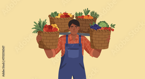 Illustration of a farmer carrying baskets filled with fresh harvest