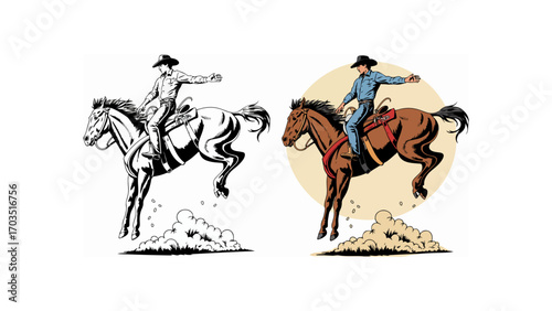 Cowboy riding a wild bucking horse in rodeo, western illustration in color and black and white