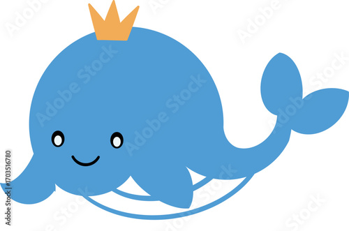 cute blue whale with crown vector cartoon illustration
