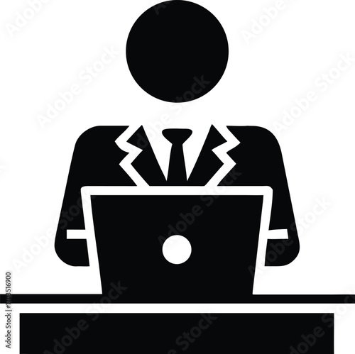 Monochrome icon shows faceless man using a laptop at a desk for work