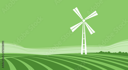 Stylized wind turbine illustration on a vibrant green agricultural landscape
