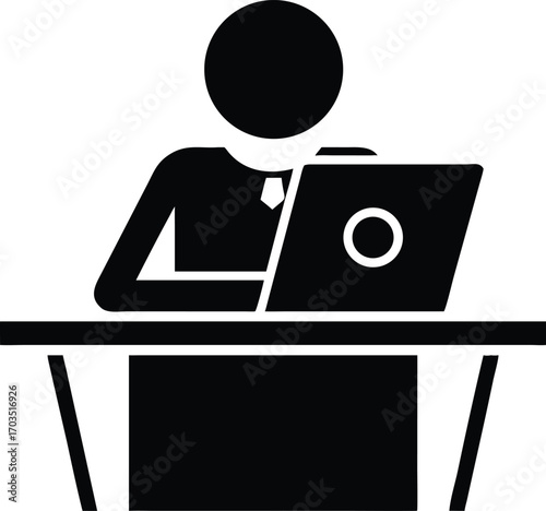 Silhouette figure in tie works at desk with laptop, isolated on white