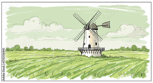 Artistic drawing of a traditional windmill in a scenic green field