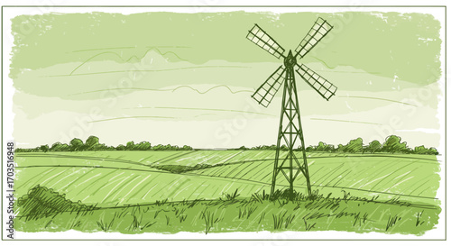 Hand-drawn sketch of a vintage windmill in a green rural landscape