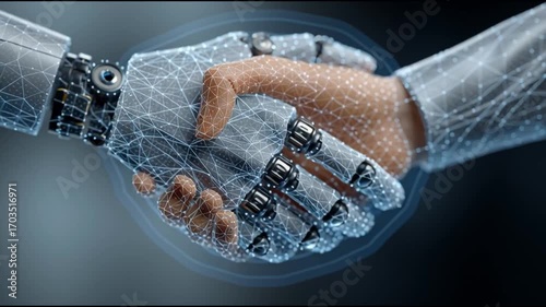 An interaction between a robotic hand and a human hand showcases the merging of technology and human skills. This moment highlights advancements in AI and robotics at a tech conference.