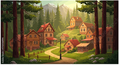 Idyllic fairytale village in a mountain forest landscape painting