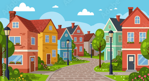 Vector illustration of a picturesque town with colorful residential houses
