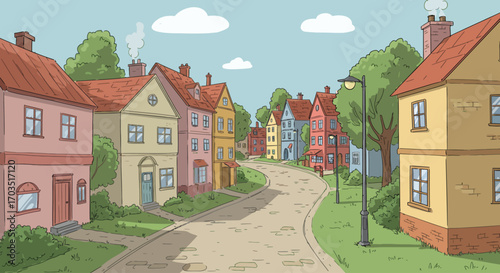Charming Village Street Scene Illustration