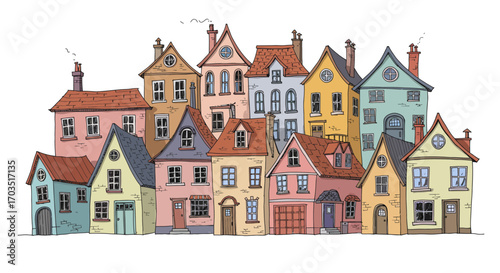 Artistic sketch of a colorful and quaint European town street