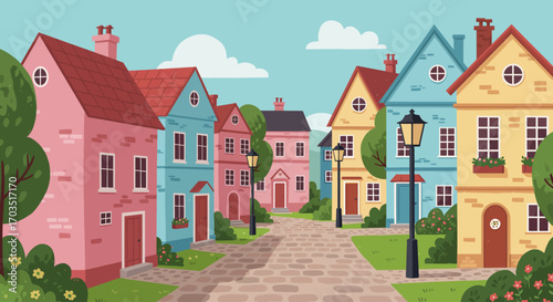 Charming cartoon street with colorful houses and trees