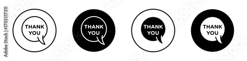 Speech bubbles thank you icons pack in black and white versions for web.