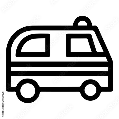 A black and white drawing of a fire truck. The truck is parked on a white background. The design is simple and clean, with no color