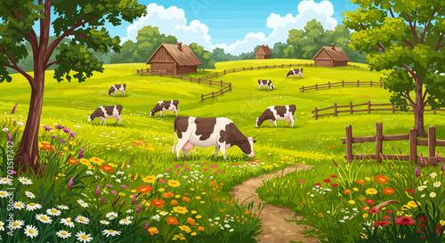 Peaceful rural landscape with grazing cows, a winding path, and colorful wildflowers under a sunny sky