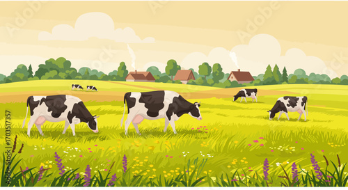 Vector illustration of an idyllic rural farm landscape with grazing cows