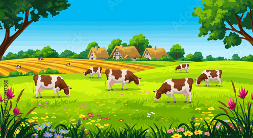 Vector illustration of a rural landscape with cows grazing in a summer meadow