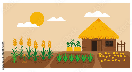 Idyllic rural farm scene with a traditional thatched hut, cultivated fields, and a bright sunny sky