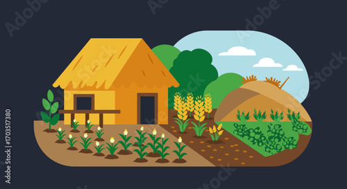Illustration of a Traditional Farm with Crops and Rural Dwelling