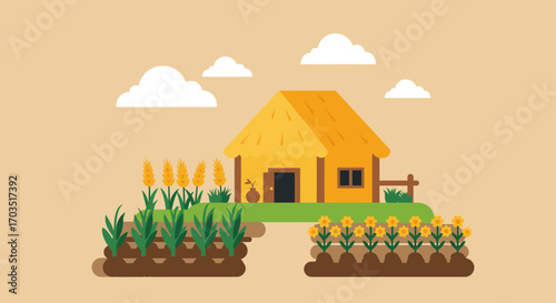 Rural Farmhouse in a Peaceful Field, Vector Illustration