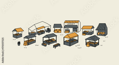 Farmers Market Stalls Illustration Set