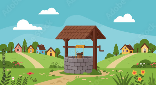 Picturesque rural landscape with a traditional stone water well