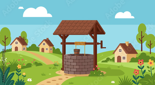 Peaceful rural landscape with a traditional stone water well and village houses