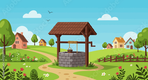 Idyllic cartoon village landscape with a traditional stone water well