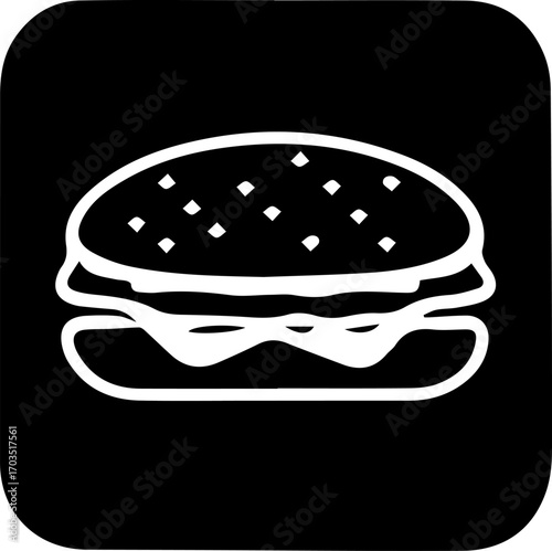 Black and white image of a hamburger with a bun and a slice of cheese. The hamburger is the main focus of the image, and it is a close-up shot