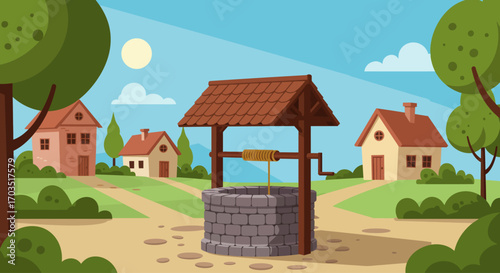 Village Well Rustic Charm and Tranquil Scene