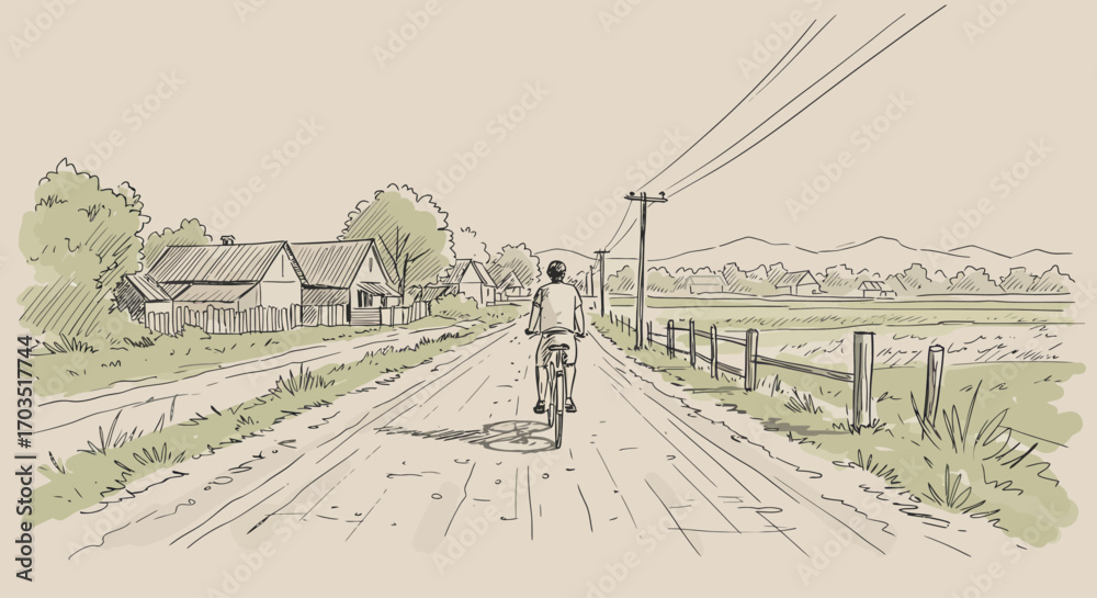 Fototapeta premium Vintage sketch of a bicycle journey through a rural village landscape