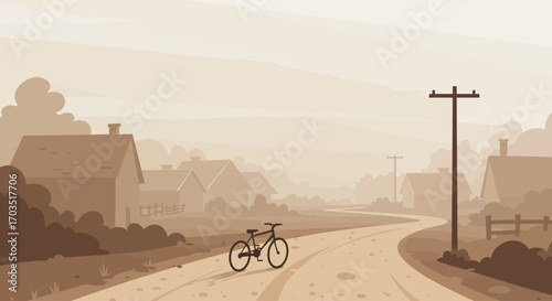 Nostalgic sepia illustration of a lone bicycle on a foggy country road