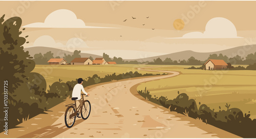 Rural Road Ride Cyclist's Serene Journey through Fields and Countryside