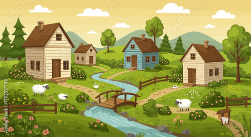 Picturesque animated village scene featuring colorful houses, lush greenery, a winding river, and peaceful grazing sheep