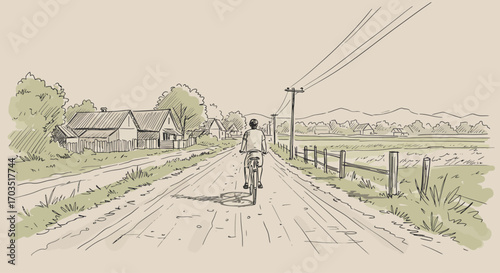 Vintage sketch of a bicycle journey through a rural village landscape