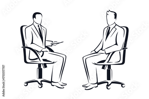 Two businessmen in suits are sitting facing each other on office chairs